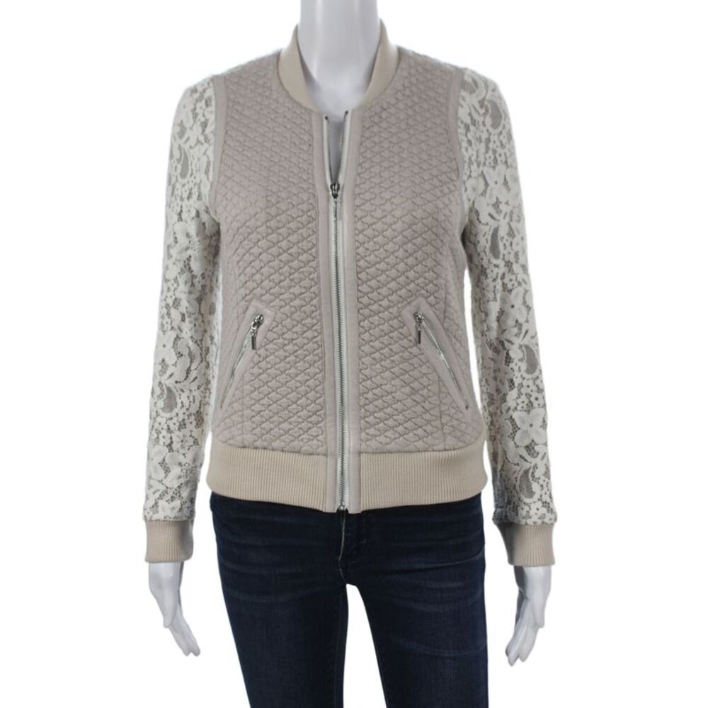 Rebecca Taylor Womens Bomber Jacket Beige Zip Acrylic Lace Size 0